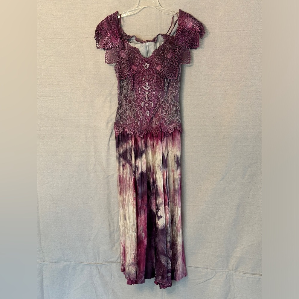 Tie-Dyed Silk & Lace Victorian-Style Dress With  Extensive Detailing